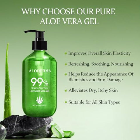 Gel de Aloe Vera Orgânico 99% – Frasco com Bomba – Gel Leve para Rosto e Corpo, Alívio Calmante e Hidratante para Queimaduras Solares, Ótimo para o Couro Cabeludo - Aloderma