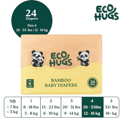 Fraldas Descartáveis EcoHugs Tamanho 4 de Bambu | Macias e Hipoalergênicas | Super Absorventes | Sem Perfume e Livres de Cloro | Pacote com 24 unidades