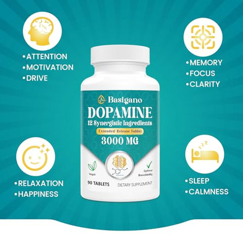 Basigano - Suplemento Natural de Dopamina – Livre de Glúten – 90 Comprimidos (Pacote com 2)