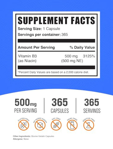 com Cápsulas de Niacina – Niacina Flush, Suplemento de Vitamina B3 Niacina, 500mg de Niacina – com Flushing, Sem Glúten, 1 Cápsula por Porção, 365 Cápsulas (Pacote de 1) - BulkSupplements