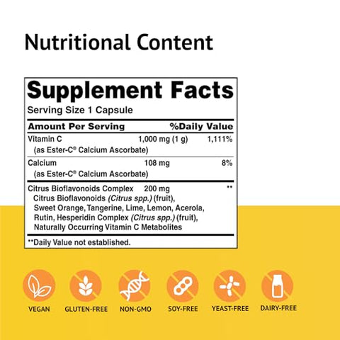 Ester-C 1000 mg com Bioflavonoides Cítricos – 90 Cápsulas (Pacote com 3) – Suporte Imunológico 24 Horas – Não-OGM, Livre de Glúten – 270 Porções Totais - American Health