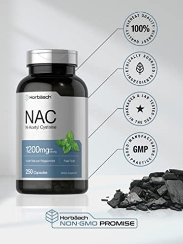 Suplemento Horbäach NAC N-Acetil Cisteína 1200mg | 250 Cápsulas | com Hortelã-Pimenta Natural | Livre de Transgênicos, Sem Glúten