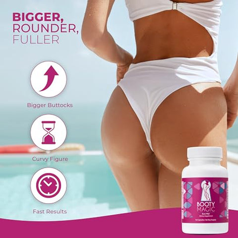 Booty Magic - Pílulas para Aumento do Bumbum – 2 Meses de Fornecimento de Pílulas para um Bumbum Maior, Mais Arredondado e Volumoso com Extrato de Raiz de Maca e Extrato de Feno-Grego