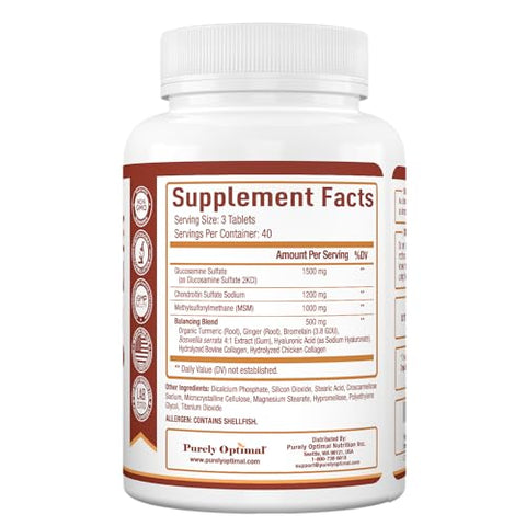 Suplemento de Glucosamina, Condroitina e MSM em Comprimidos com Cúrcuma – 60 comprimidos - Purely Optimal