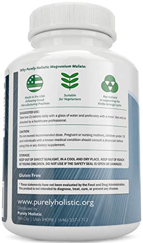 Purely Holistic - Magnésio Malato 400mg – 50%% Mais 270 Comprimidos Vegetarianos – Suplemento de Magnésio Quelato com Ácido Málico – Estimula a Produção de Energia e Recuperação Muscular – Alta Absorção