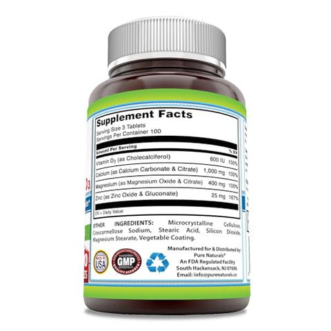 Suplemento de Cálcio Magnésio Zinco Vitamina D3 Pure Naturals | Cálcio 1000mg, Magnésio 400mg, Zinco 25mg, Vitamina D3 600 UI | Sem GMO | Sem Glúten (300 Comprimidos)