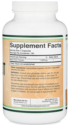 Double Wood Supplements - Cápsulas de Raiz de Maca para Mulheres e Homens, 300 Unidades (1.000mg de Pó de Maca Preta, Vermelha e Amarela por Porção) Cultivadas no Peru (para Energia, Desempenho, Motivação) por Double Wood