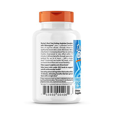 Doctor's BEST - Complexo de Arginina de Ação Rápida Doctor’s Best c/Nitrosigine – Aumente o Óxido Nítrico e o Fluxo Sanguíneo