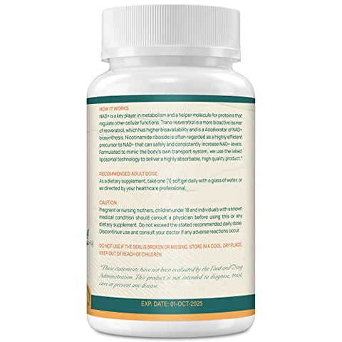 GENOBBELY - Suplemento Liposomal NAD 800 mg com Nicotinamida Ribosídeo 200 mg, Trans-Resveratrol 100 mg – Reparo de DNA, Envelhecimento Saudável, Função Cerebral – Fornecimento de 360 Dias