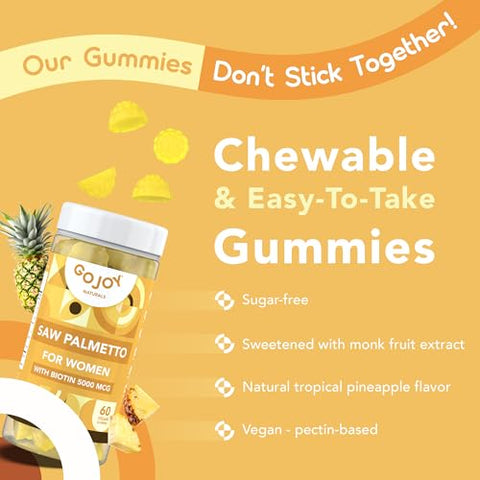 GOJOY NATURALS - Gummies de Saw Palmetto – 500mg Saw Palmetto para Mulheres com 5000mcg de Biotina | Marca em Destaque