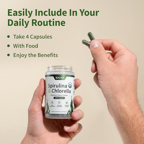 Spirulina Chlorella Orgânica USDA – Cápsulas de Superfoods Verdes para Energia Natural e Saúde Metabólica, 120 Cápsulas - Snap Supplements