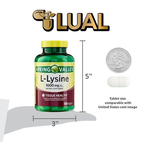 LUAL - Spring Valley L-Lysine 1000mg | L-Lisina | Suplemento de L-Lisina | Suporte Imunológico | 100 Comprimidos + Livro 45 Diabetes Decoded de Lual