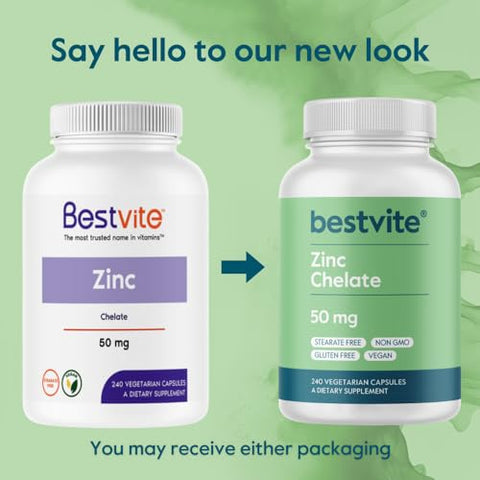 Zinco Quelato 50mg (240 Cápsulas Vegetarianas) – Sem Estearatos – Sem Fosfato Dicálcico – Vegano – Não Transgênico – Sem Glúten - BESTVITE