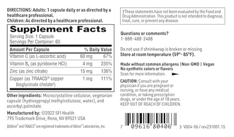 Zinc Plus – Suplemento de Suporte Imunológico com Zinco Citrato, Cobre e Vitamina B6 | 60 cápsulas - Klaire Labs