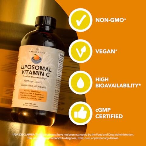 Vitamina C Lipossomal 1000mg. Suplemento Líquido de Vitamina C. Suporte Imunológico, Saúde da Pele, Produção de Colágeno. Entrega Antioxidante de Absorção Rápida. Quali-C, Livre de Soja, Vegano - AMANDEAN