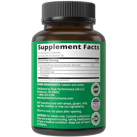 Extrato de Osso Inteiro de Medula Óssea – Suplemento em Cápsulas 180 Unidades Rico em Colágeno, Vitaminas e Aminoácidos. da Matriz Óssea, Medula Óssea - Peak Performance