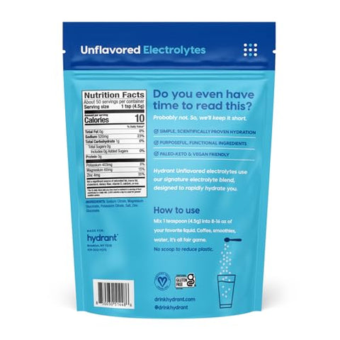 Bulk Eletrólitos sem Sabor, Hidratação Rápida sem Açúcar, Sabor Extremamente Sutil, Mistura de Bebida Eletrólitos (50 Porções, sem Sabor) - HYDRANT