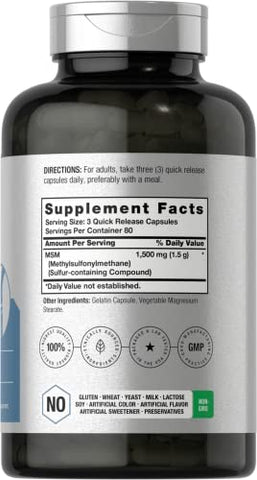 Cápsulas de Suplemento MSM | 1500mg | 240 Unidades | Fórmula de Metilsulfonilmetano | Livre de OGM, Sem Glúten - Horbäach