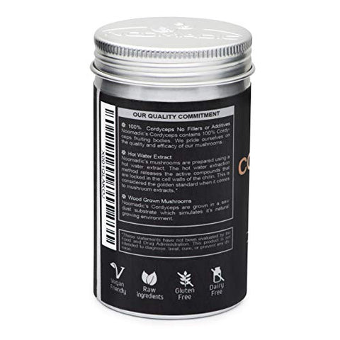 Noomadic - Cordyceps Mushroom 60 Cápsulas 500mg Ativador AMPK Extrato em Água Quente Cultivado em Madeira Corpos Frutíferos 30%% Beta-D-Glucanos Yartsa Gunbu Fungo de Lagarta