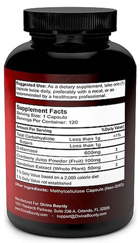 Cápsulas de D-Manose 600mg com Extrato de Cranberry e Dente-de-leão para Saúde Normal do Trato Urinário – 120 Cápsulas Vegetais - Divine Bounty