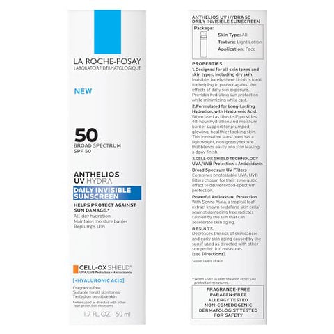 La Roche-Posay - La Roche Posay Anthelios UV Hydra Protetor Solar FPS 50 | Hidratante Diário para o Rosto com Ácido Hialurônico e Vitamina E | Proteção SPF Invisível de Amplo Espectro | Anti Envelhecimento | 50g