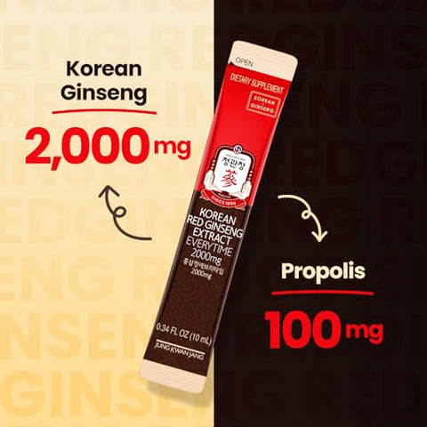 JUNG KWAN JANG - Extrato de Ginseng Vermelho Coreano Everytime 2000mg | Suplemento Energético, Chá de Ginseng, Alimento Coreano | Sem Cafeína, Aumenta Energia, Fortalece Imunidade | 30 Unidades