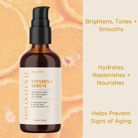 Serum Facial de Vitamina C, Ilumina, Hidrata e Reduz Sinais de Envelhecimento, com Vitamina C, Ácido Hialurônico e Ferúlico, 60 ml - InstaNatural