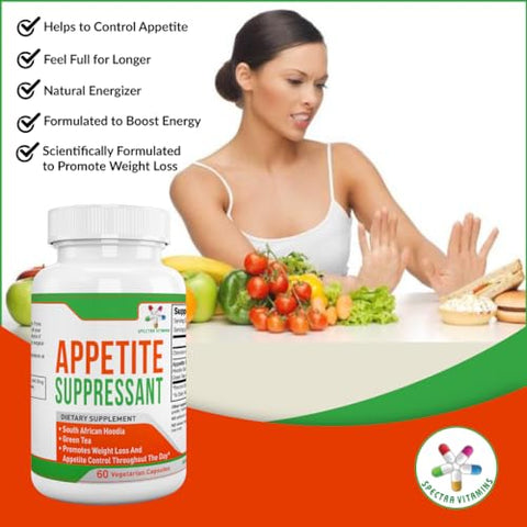 Spectra Vitamins - Supressor de Apetite 60 Cápsulas – Hoodia Sul-Africana e Extrato de Chá Verde Controlam o Apetite, Aumentam a Energia e Promovem a Perda de Peso, Fabricado nos EUA