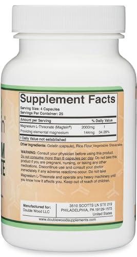 Double Wood Supplements - Cápsulas de Magnésio L Treonato (Magtein) – Suplemento de Alta Absorção – Forma Bioativa para Suporte do Sono e Função Cognitiva – 2.000 mg – 100 Cápsulas