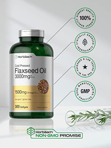 Óleo de Linhaça Cápsulas Softgel 3000mg | 300 Unidades | Alta Potência | com Ômega 3 6 9 | Livre de Transgênicos, Sem Glúten | Linhaça Prensada a Frio - Horbäach