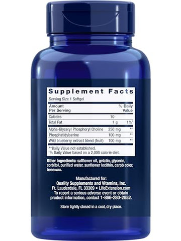 Cognitex Alpha GPC – Fosforilcolina de Alfa-Gliceril, Fosfatidilserina, Extrato de Mirtilo – Saúde Cognitiva Fortalecida – Livre de Transgênicos, Sem Glúten - Life Extension