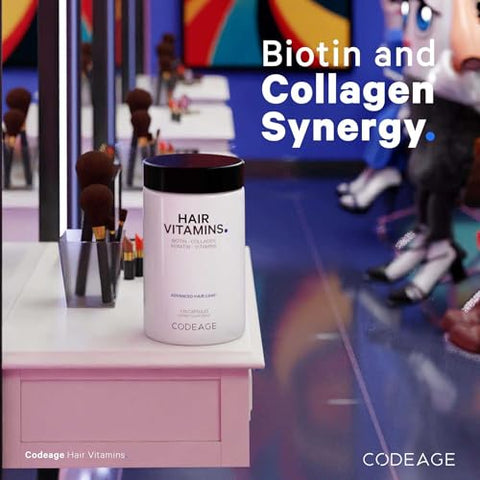 Hair Vitamins 10000 mcg Biotina, Queratina, Colágeno, Vitamina A, B12, C, D3, E, Zinco, Cúrcuma, Probióticos, Enzimas, Inositol – Suporte para Cuidados com os Cabelos – Suplemento para Cabelos Saudáveis - Codeage