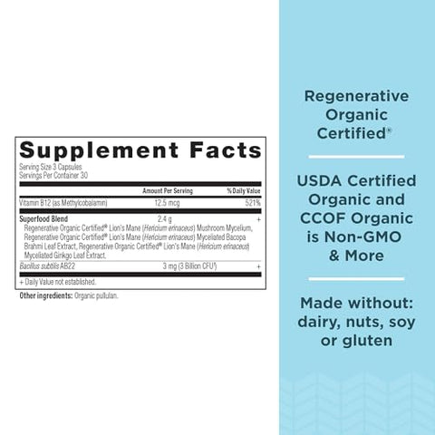 Cápsulas Certificadas Orgânicas Regenerativas para o Foco Cerebral, com Folha de Ginkgo e Cogumelo do Leão para Reduzir o Estresse, Livre de Glúten, Amigável à Dieta Paleo e Keto, 90 Unidades - Ancient Nutrition