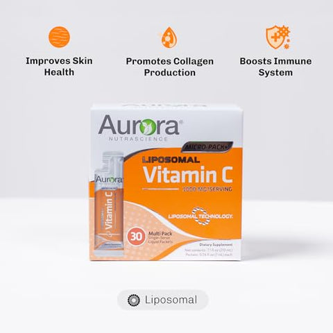 Vida Lifescience - Aurora Nutrascience Micro-Pack Vitamina C Lipossomal, Suporte Imunológico, 1.000 mg Por Porção, Sem Glúten, Não-OGM, 30 Pacotes Individuais, 615 g