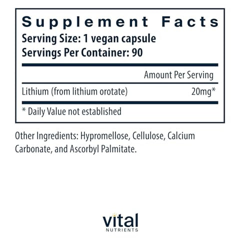 Lithium Orotate | Suplementos Veganos de Lítio para Memória, Estado Mental e Saúde Comportamental* | 20mg | Livre de Glúten, Laticínios e Soja | 90 Cápsulas - Vital Nutrients
