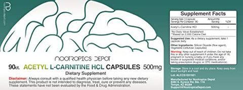 Nootropics Depot - Cápsulas de Acetil L-Carnitina | 500mg | 90 Unidades | Forma HCL | Suplemento Energético | Suporta a Função Mitocondrial | ALCAR HCL