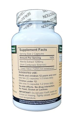 Marvlix - Cordyceps Sinensis Mushroom – Suporte para Coração, Pulmões, Rins, Fígado – Puro, Potente e Bioativo – 120 Cápsulas