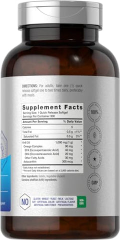 Óleo de Krill Antártico Horbäach 1000mg Cápsulas | 300 Unidades | Suplemento Ômega 3 com Astaxantina, EPA, DHA | Livre de Transgênicos, Sem Glúten
