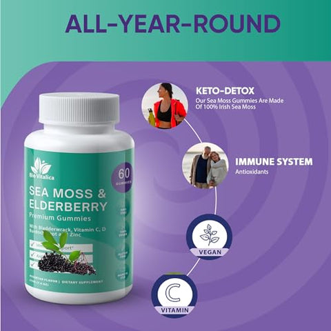 Gomas de Algas Marinhas BIO VITALICA Elderberry BioVitalica – Vitamina C D Zinco – Gomas Veganas de Algas Marinhas com Gel de Algas Marinhas – 60g