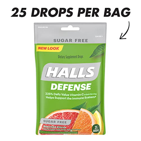 Halls - HALLS Defense Gotas de Vitamina C Sem Açúcar, Cítricas Sortidas, 12 Pacotes de 25 Gotas (300 Gotas no Total)