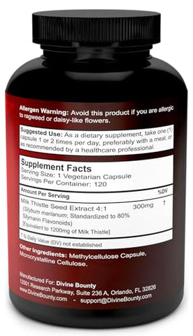 Cápsulas de Cardo Mariano Puro 1200mg – Extrato Concentrado 4X (Padronizado) – 120 Cápsulas Vegetarianas - Divine Bounty