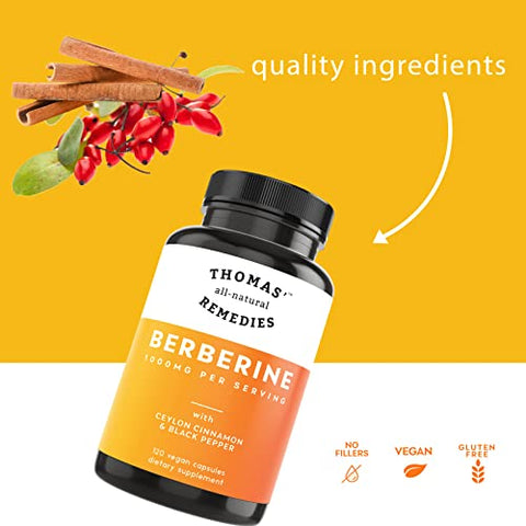 Thomas' all-natural Remedies - Remédios Naturais Thomas Berberina 500mg (1000mg Por Porção) – 120 Cápsulas Veganas – com Canela do Ceilão