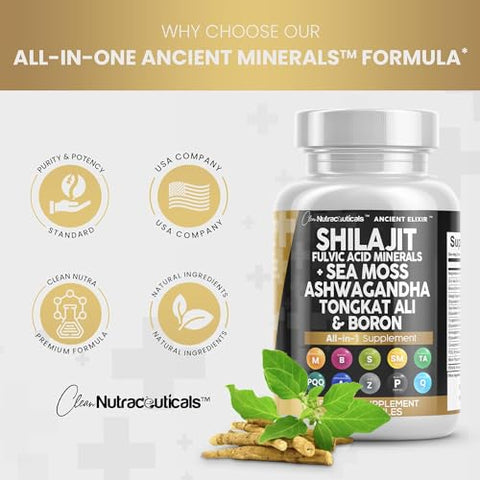 Clean Nutraceuticals - Shilajit 10.000mg com Sea Moss 6000mg, Ashwagandha 6000mg, Tongkat Ali, Boro, Magnésio – Cápsulas de Ácido Fúlvico para Homens – 90 Unidades