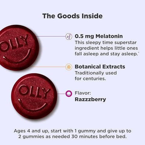 Kids Sleep Gummy – Suporte ocasional ao sono, 0,5mg Melatonina, L Teanina, Extratos de Camomila e Melissa, Suplemento mastigável infantil, Sabor Framboesa – 90 unidades - OLLY