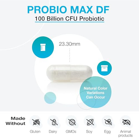 ProbioMax DF – Probiótico 100 Bilhões UFC – 4 Cepas – Sem Laticínios – Lactobacillus acidophilus Bifidobacterium lactis HN019 (30 Cápsulas Resistentes ao Ácido) - XYMOGEN