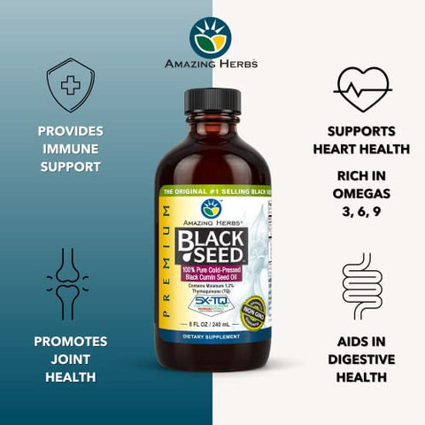 Óleo de Semente de Cominho Preto Premium Amazing Herbs – Extraído a Frio de Nigella Sativa Auxilia na Saúde Digestiva, Suporte Imunológico, Função Cerebral, Mobilidade Articular – Sem Glúten, Não Transgênico – 240 ml