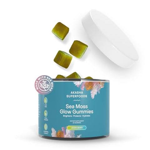 Akasha Superfoods - Sea Moss Glow Gummies – Vitaminas para Cabelo, Pele e Unhas com Seamoss, Pó de Pérola, Vitamina E, Aloe Vera, Vitamina C Lipossomal – Gomas de Sea Moss Irlandês para Mulheres