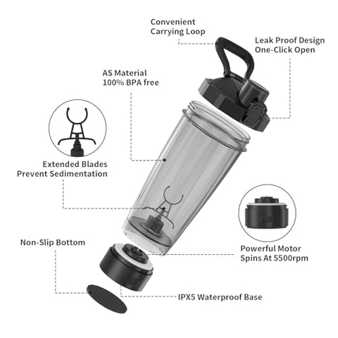 Garrafa Agitadora Elétrica TOOFEEL – 600 ml Recarregável por USB para Shake de Proteína, Garrafa Agitadora Autolimpante para Misturas de Proteína, Livre de BPA para Treino na Academia