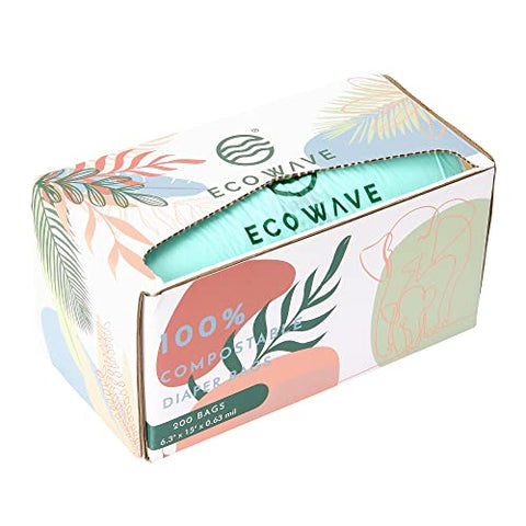 Eco Wave - Bolsas Descartáveis para Fraldas de Bebê Biodegradáveis, 100% Compostáveis, 200 unidades, Certificadas ASTM D6400, EN 13432, US BPI e Europe OK Compost Home