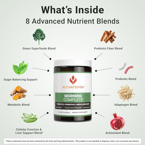 Morning Complete: Superfood em Pó para Saúde Intestinal com Prebióticos, Probióticos, Antioxidantes, Superfoods Verdes, 10 Bilhões de UFCs, 30 Porções - ACTIVATEDYOU